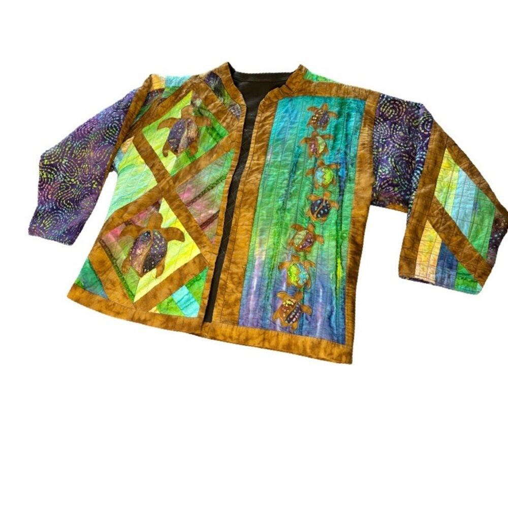 Quilted Jacket Turtles Patchwork Size XL Handmade Colorful Bright Unique